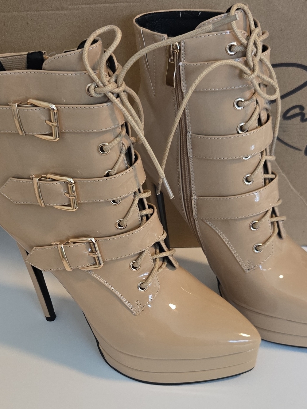 Patent Lace-Up Platform Combat Boots in Beige